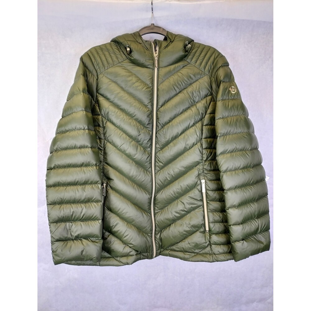 Michael Kors Puffer Coat Women's 1X XL Down Fill Quilted Packable Full Zip Green